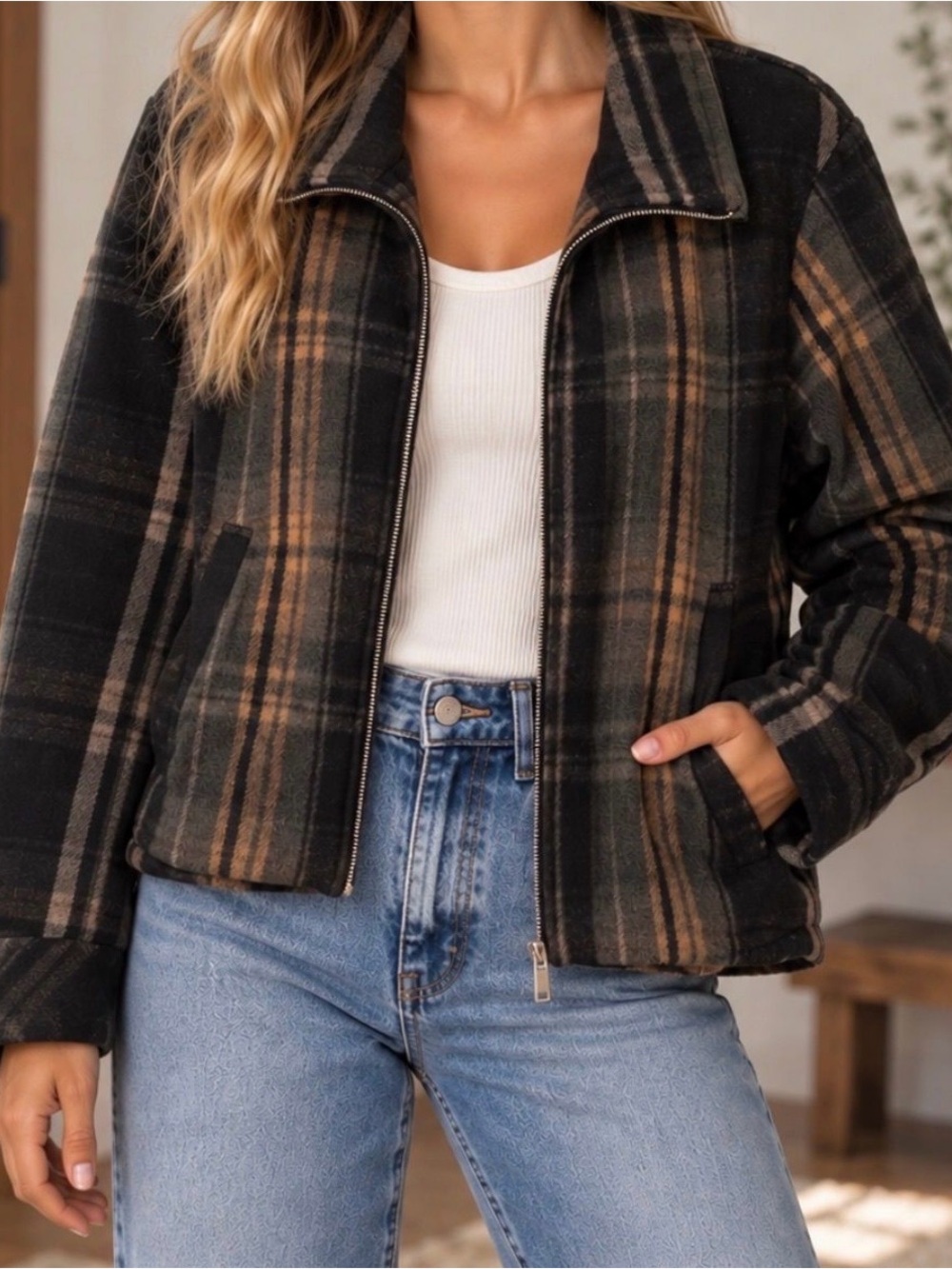 Riley & Rae XL Black Brown Plaid Zip Front Jacket Coat Fall Shacket